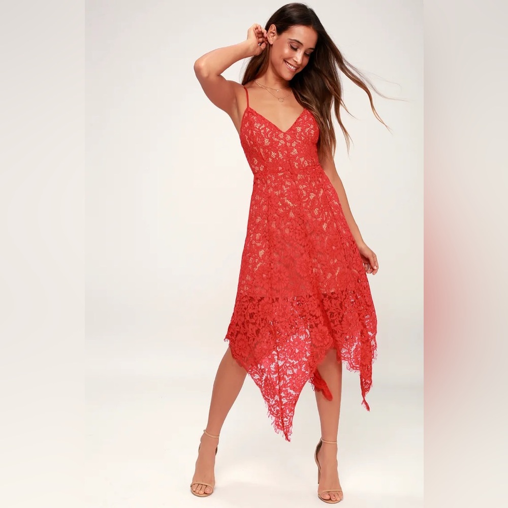 Lulu’s One Wish Red Lace Midi Dress — M